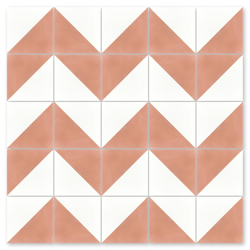 The N20-139 Misty Coral & White by New York Cement Tile features zigzag chevrons on durable cement tiles.