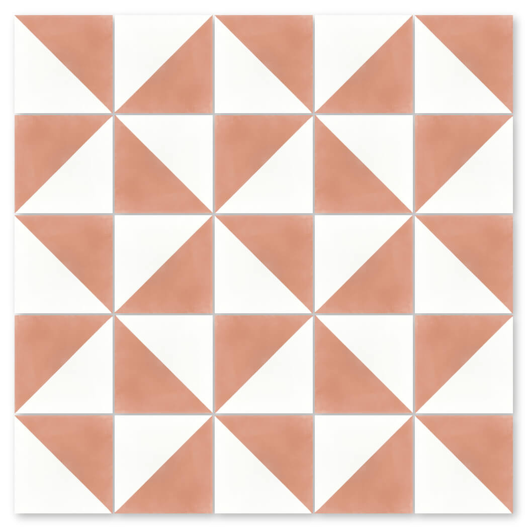 The N20-139 Misty Coral & White by New York Cement Tile features a repeating geometric pattern of handcrafted squares.