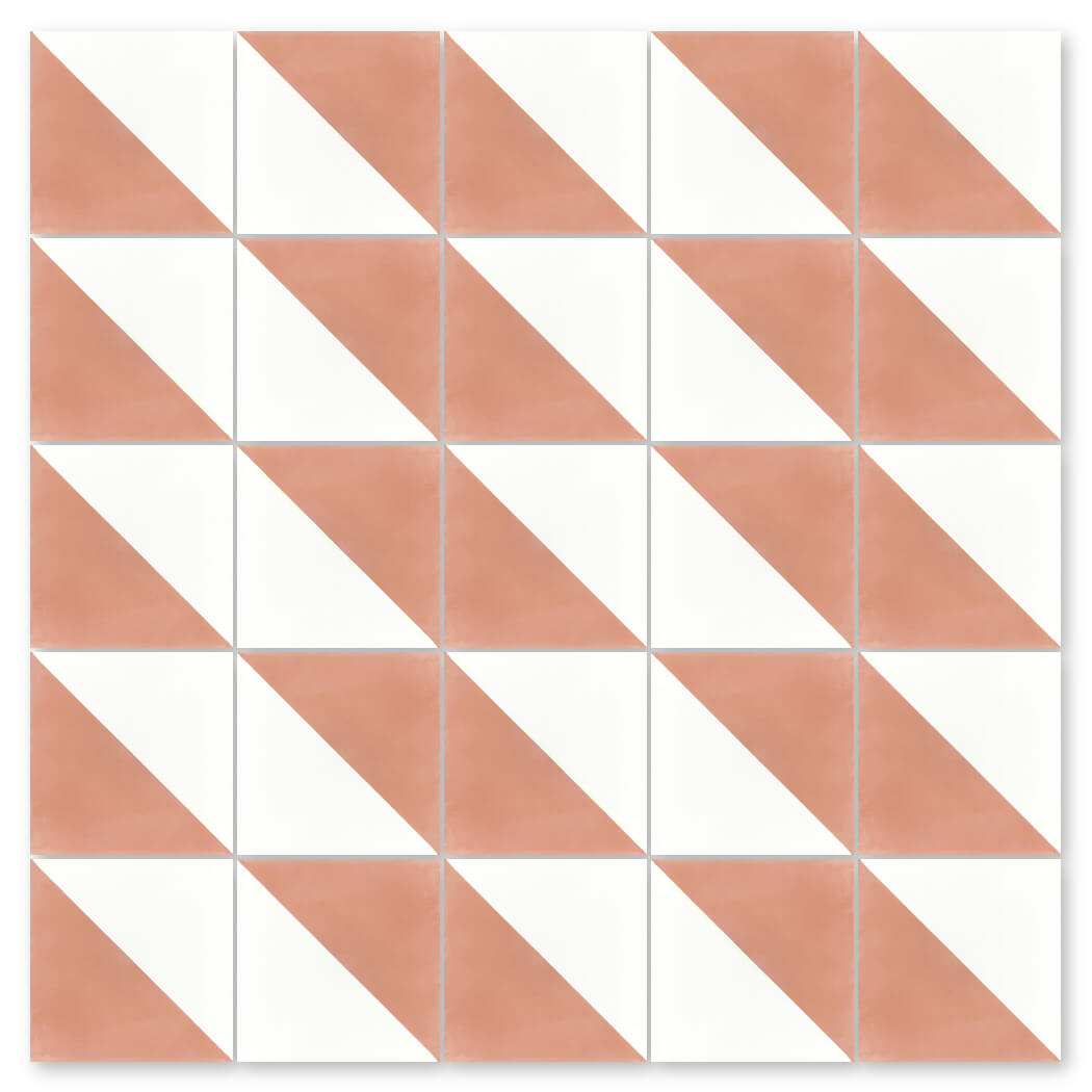 N20-139 Misty Coral & White by New York Cement Tile features diagonally split orange and white square tiles for bold floors.
