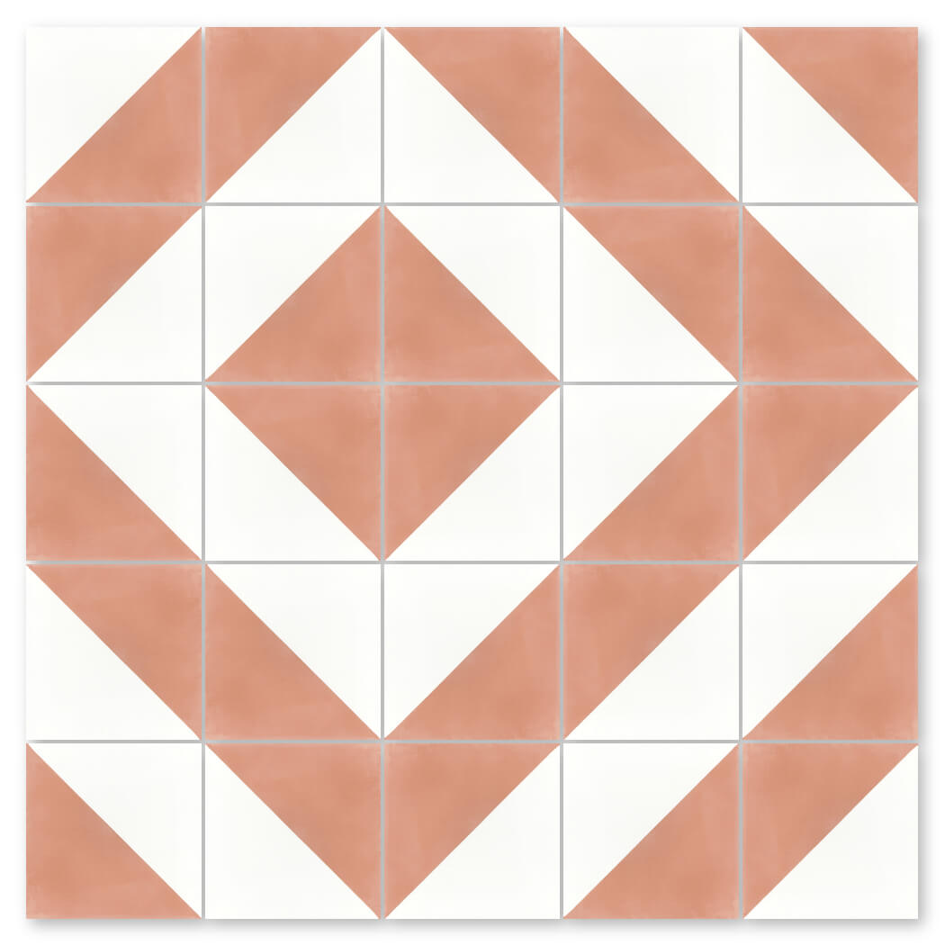 N20-139 Misty Coral & White by New York Cement Tile: terracotta triangles form diamond patterns on white, handmade look.