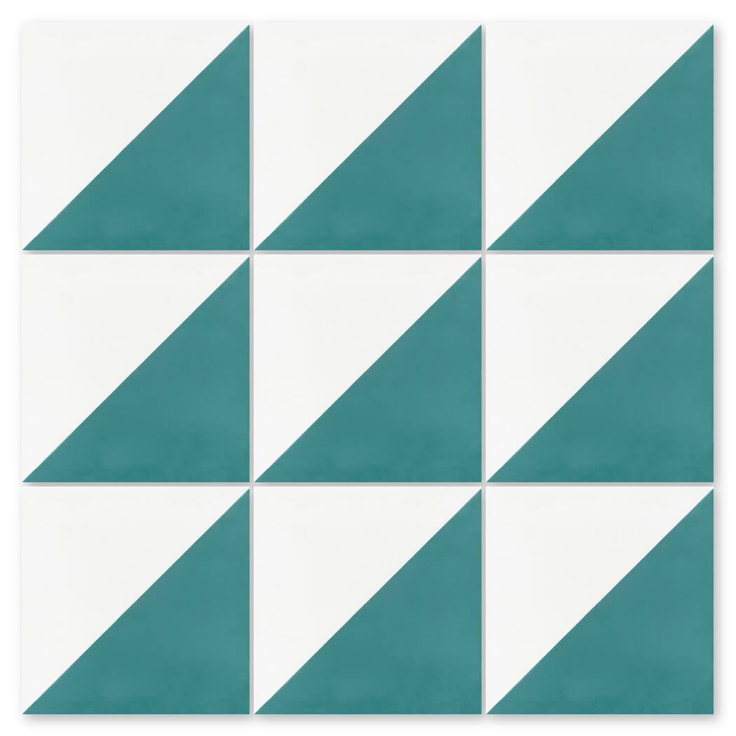 A set of 12 N20-139 Icy Lagoon & White tiles by New York Cement Tile, each diagonally split teal and white.