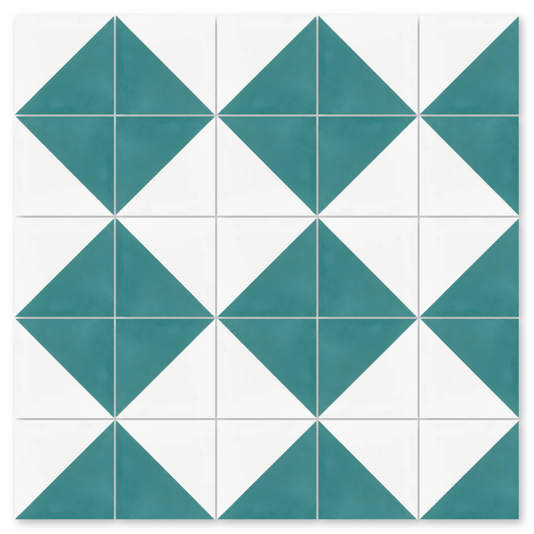The N20-139 Icy Lagoon & White by New York Cement Tile features teal diamonds—durable, handcrafted flooring tiles.