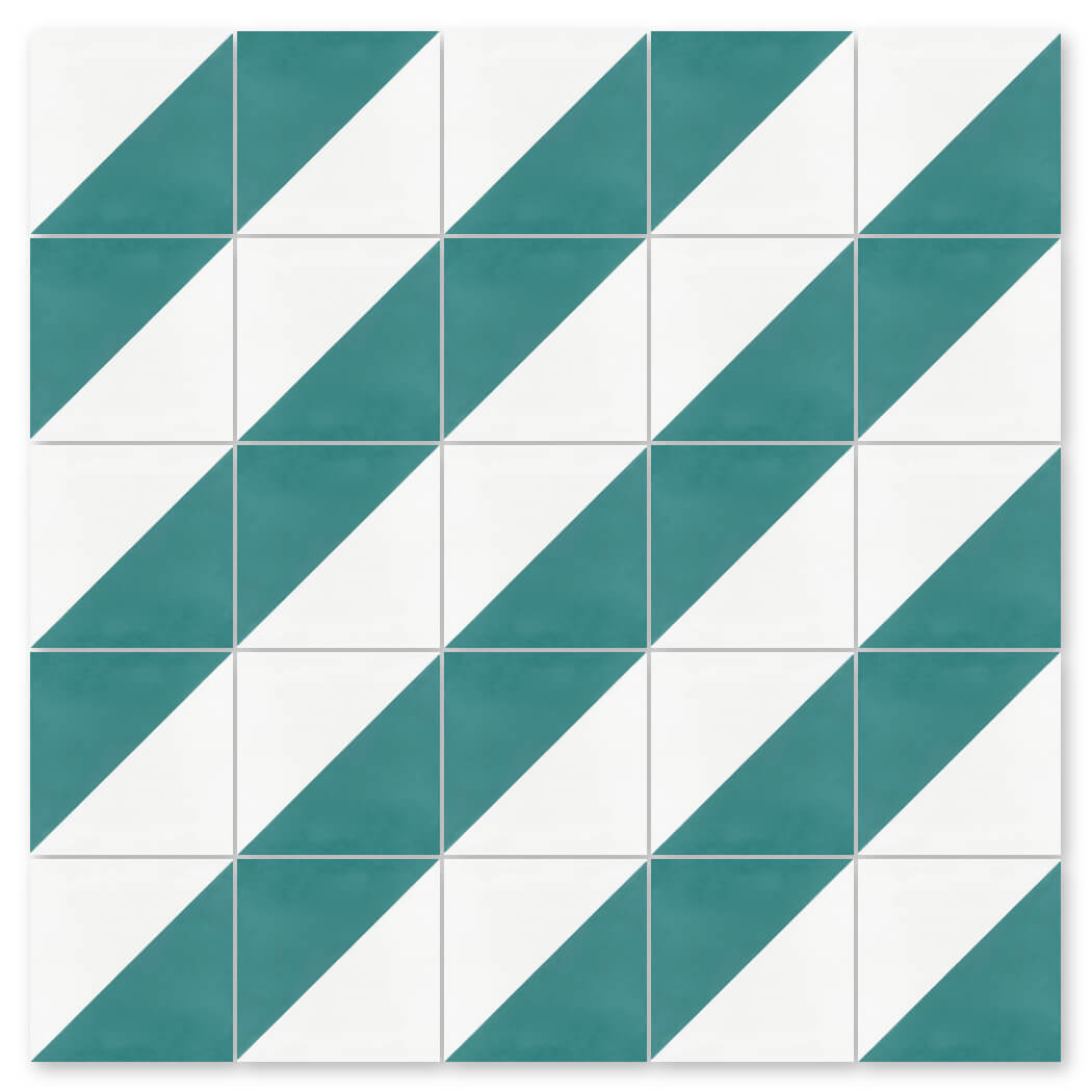 A grid of N20-139 Icy Lagoon & White tiles by New York Cement Tile creates a repeating diagonal two-tone pattern.