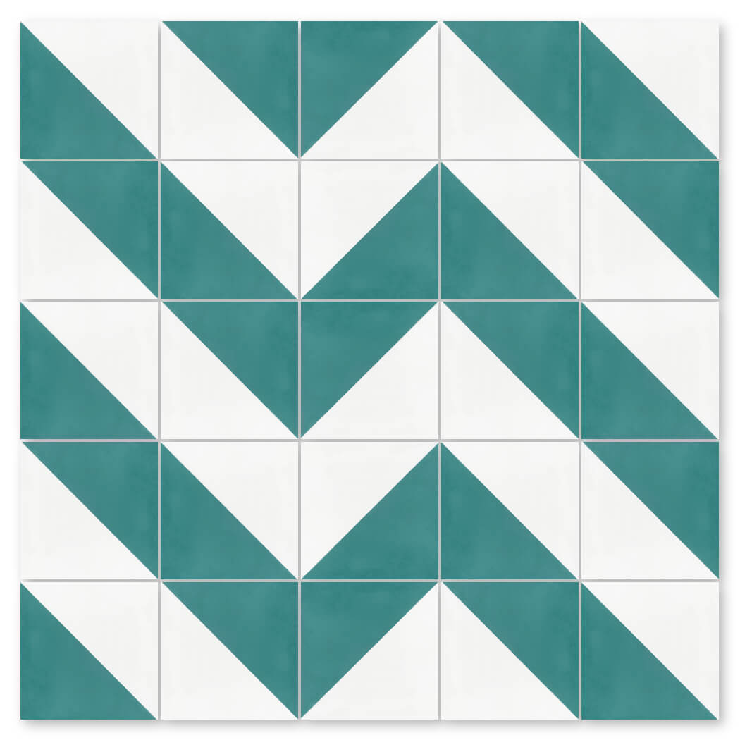 N20-139 Icy Lagoon & White by New York Cement Tile brings sustainable chevron flair to your space with green and white tiles.