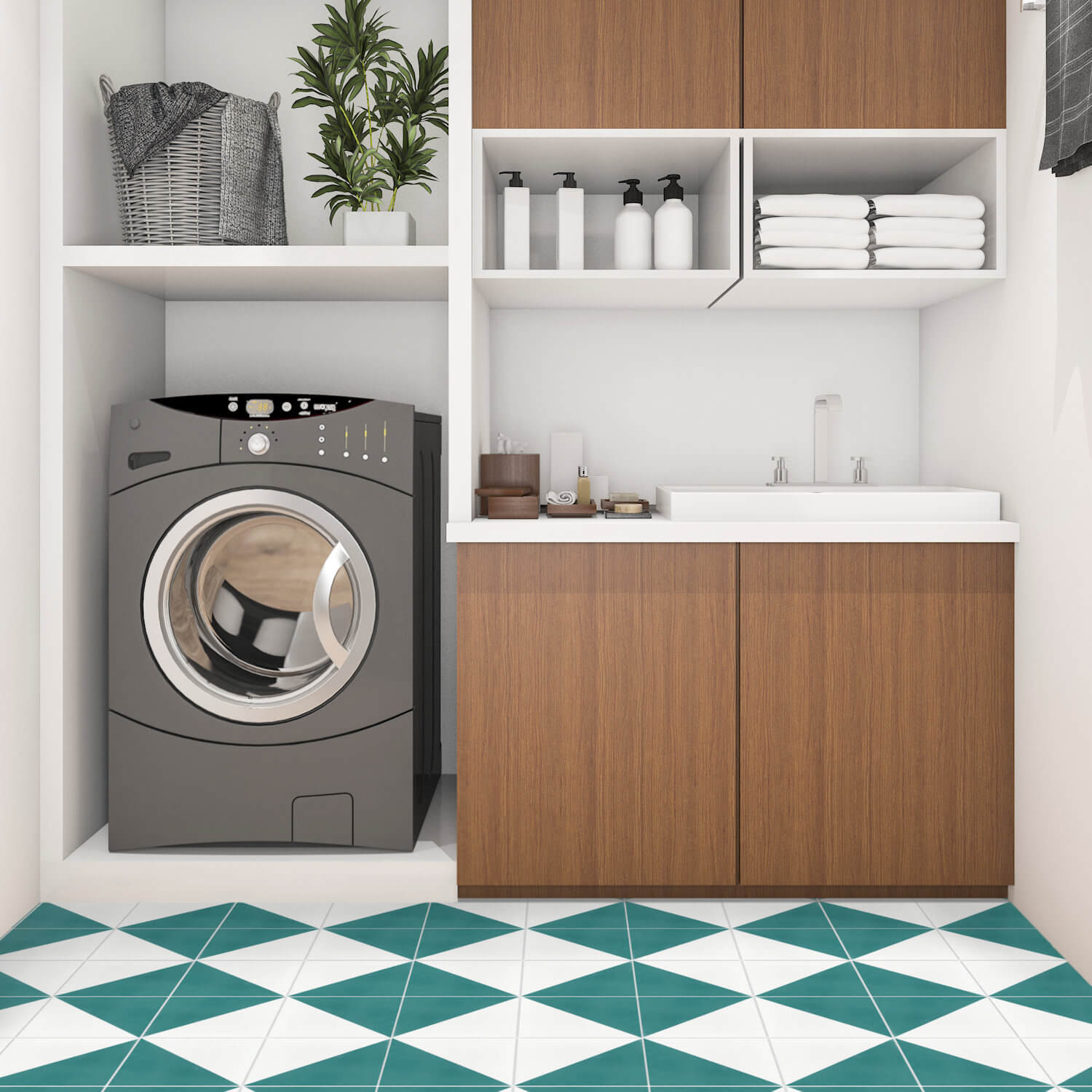 Modern laundry room with front-load washer, sink, wood cabinets, shelves, and N20-139 Icy Lagoon & White tile floor by New York Cement Tile.