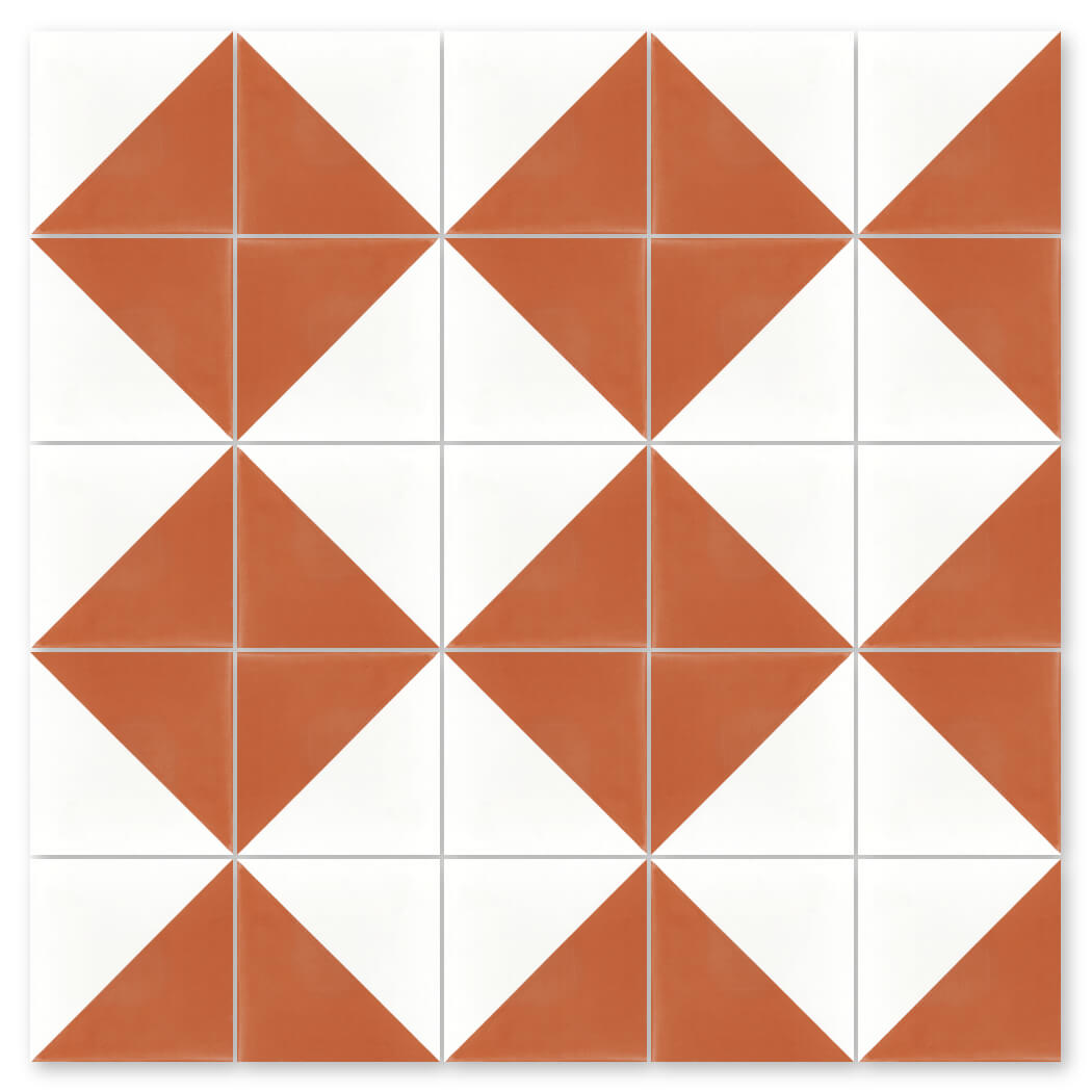 The N20-139 Terracotta & White sample by New York Cement Tile features white and terracotta diamond geometric patterns.