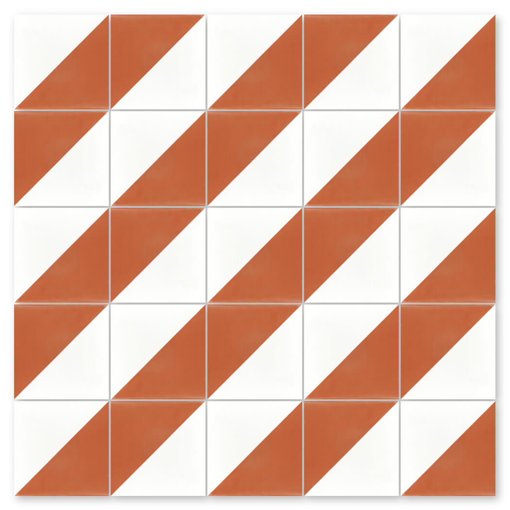 The N20-139 Terracotta & White tile by New York Cement Tile creates orange stripes with its diagonal pattern.