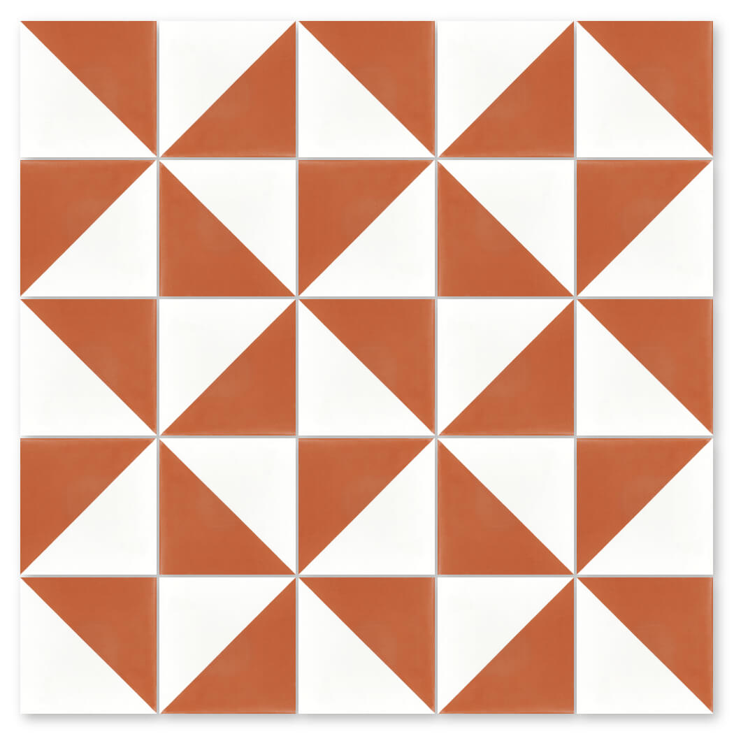 N20-139 Terracotta & White by New York Cement Tile features diagonal orange and white squares for a geometric, eco-friendly look.