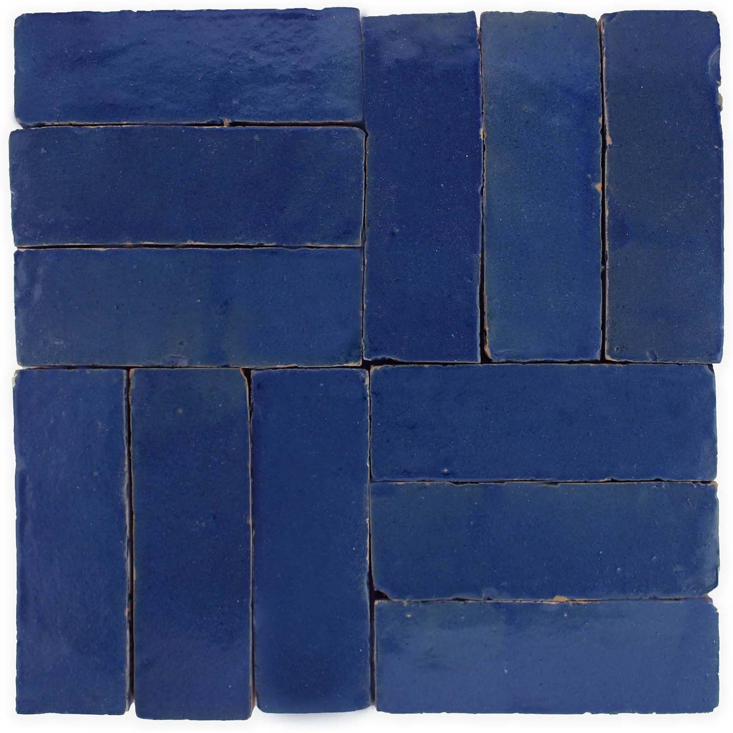 Navy Depths (2x6) tiles by New York Cement Tile, arranged in a staggered brick pattern and viewed from above.