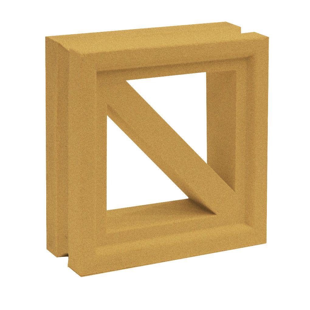 The Kaui by New York Cement Tile is a tan, square hollow block with a diagonal bar—perfect for modern privacy screens.