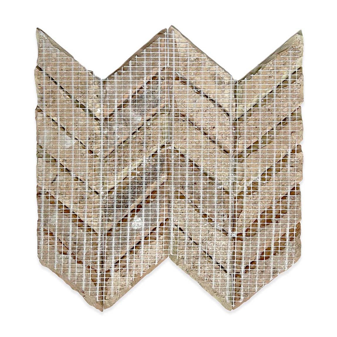 New York Cement Tile’s Glazed Zellige Mosaic Mat Chevrons in Ivory Cloud features a stylish zigzag on white mesh backing.