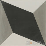 A geometric tile, N20-034 Extra Sample by New York Cement Tile, features a black diamond center and gray corners.