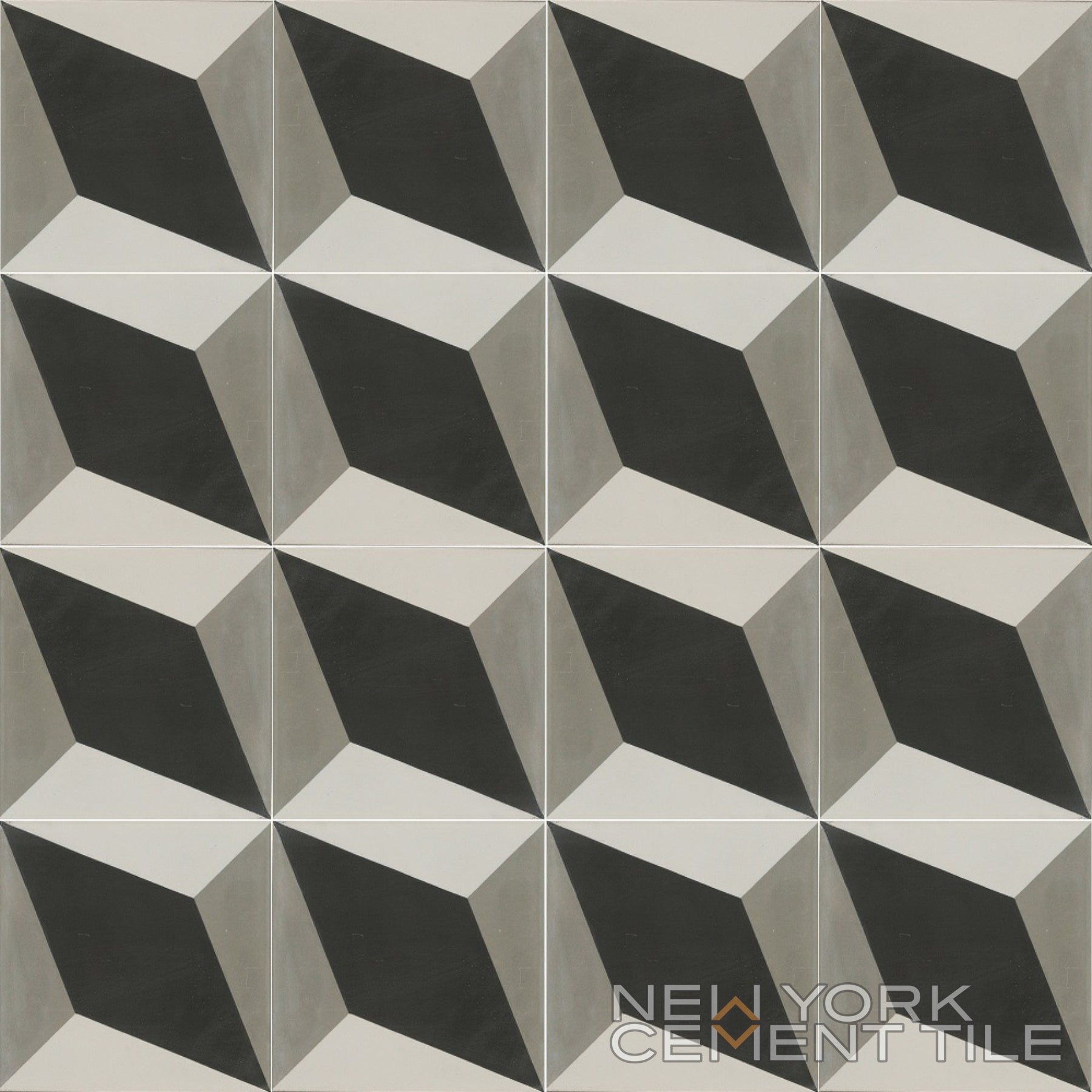 N20-034 Extra Sample by New York Cement Tile: black, gray & white diamond pattern in a repeating 3D cube design.