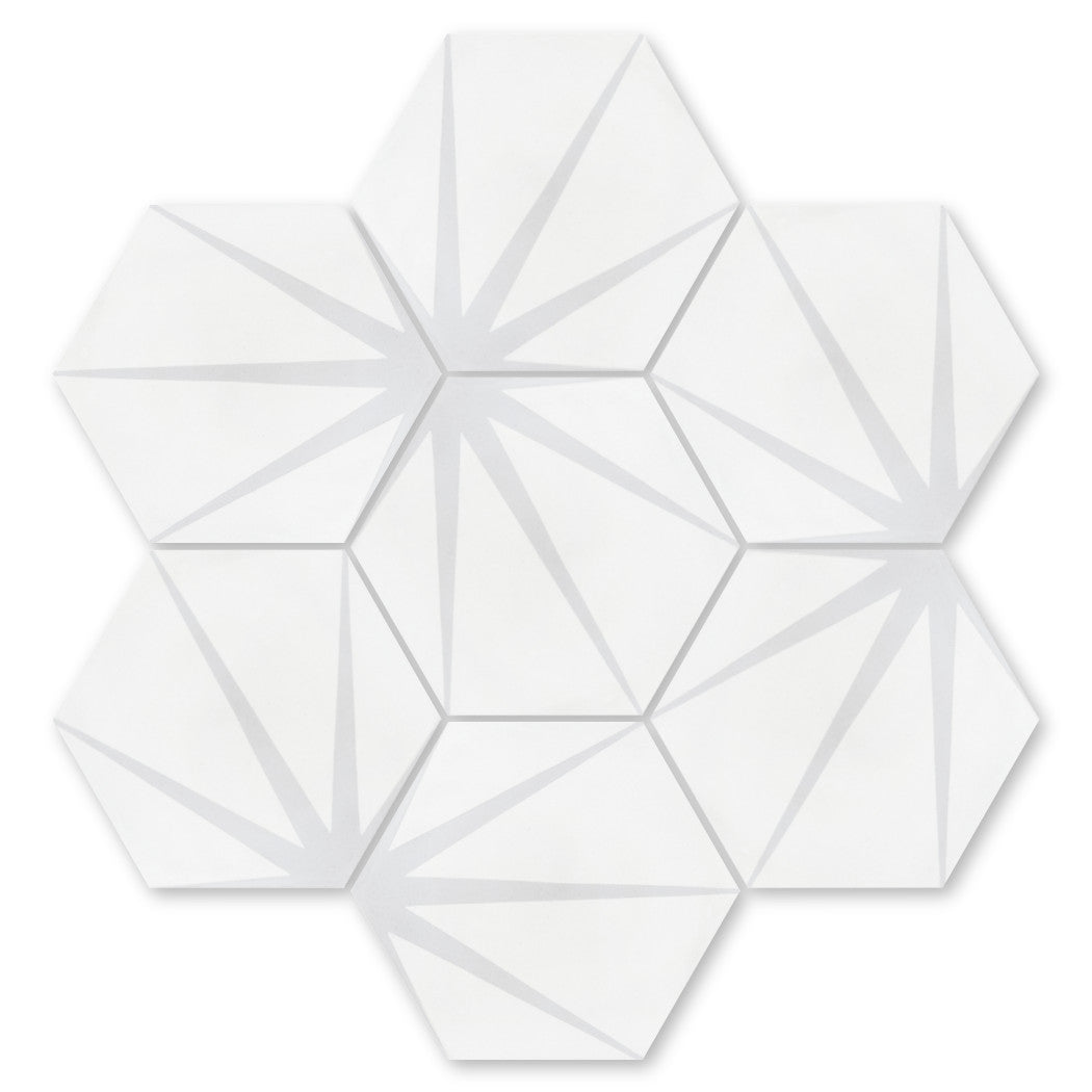 NH23-054 Gray 2246 by New York Cement Tile: white hexagonal tiles with subtle gray lines in a honeycomb pattern.