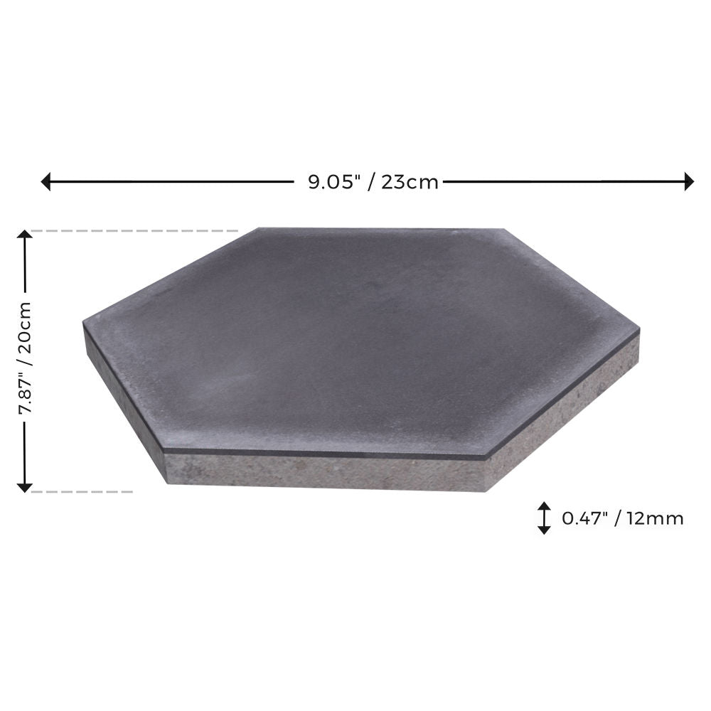 Solid Hex - Mixed Grey by New York Cement Tile, 9.05"x7.87"x0.47", shown with arrows and labels for sizing.