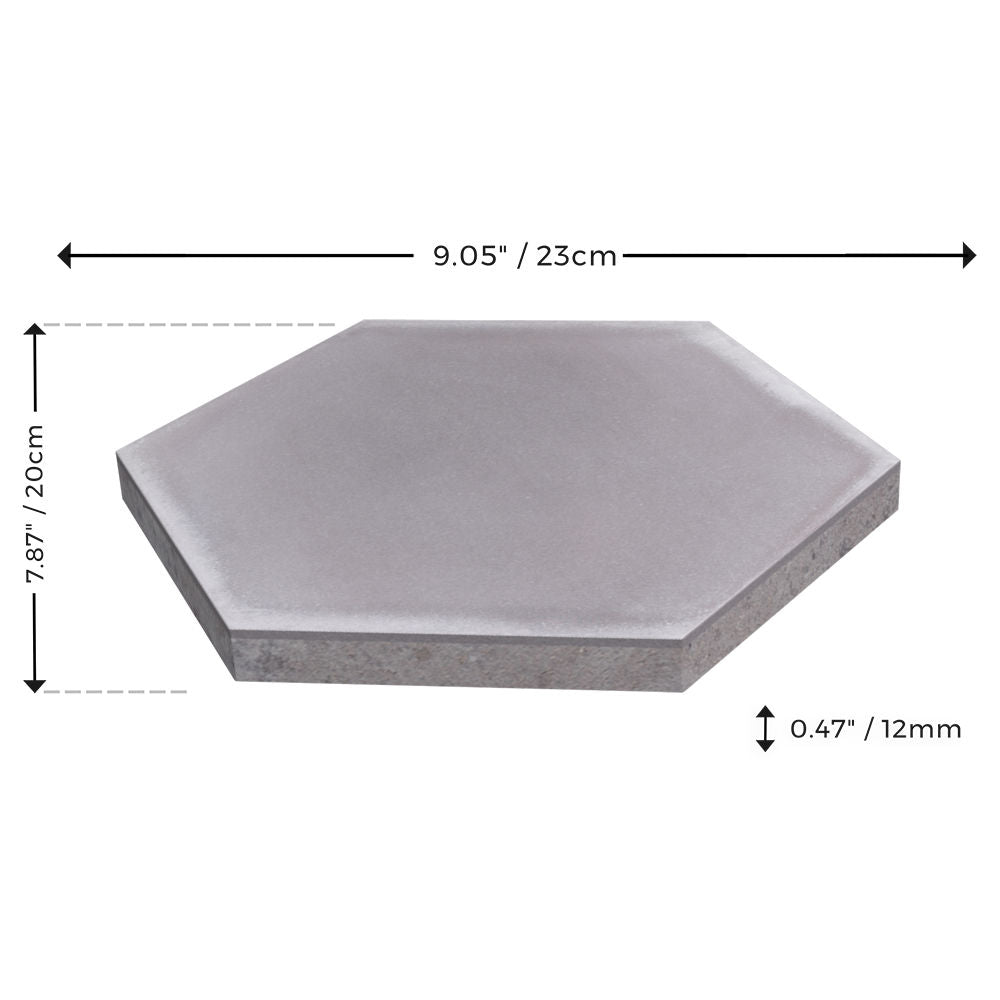 Solid Hex -Mixed Grey tile by New York Cement Tile, 9.05"x7.87"x0.47", shown with measurement arrows.
