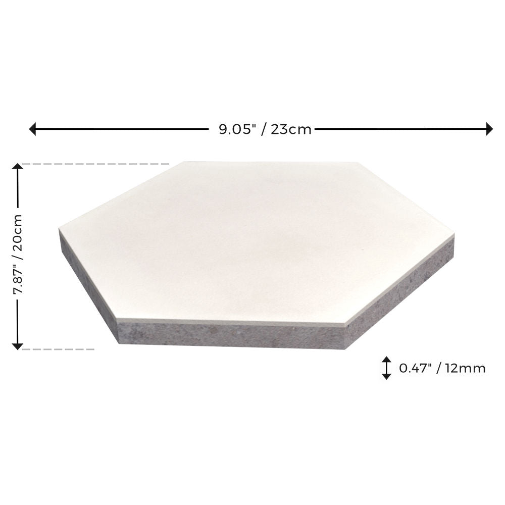 NH23-1105 Sample by New York Cement Tile: hexagonal white tile, 23cm wide, 20cm tall, 12mm thick.