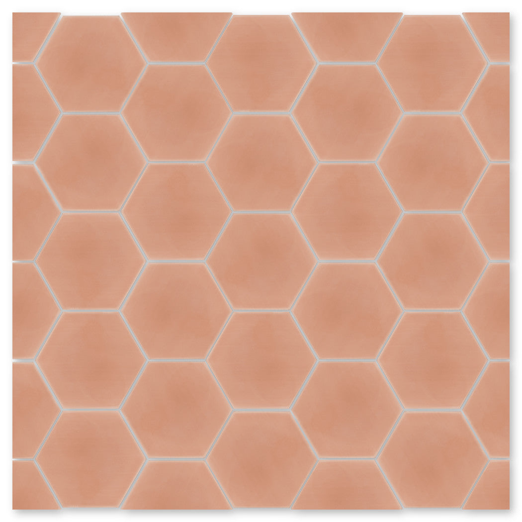 NH23-5505, Extra Sample by New York Cement Tile: hexagonal peach tiles in a repeating pattern with white grout lines.