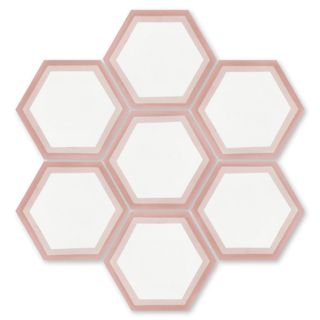 Seven NH23-004 white hexagons with pink borders by New York Cement Tile, honeycomb pattern on white.