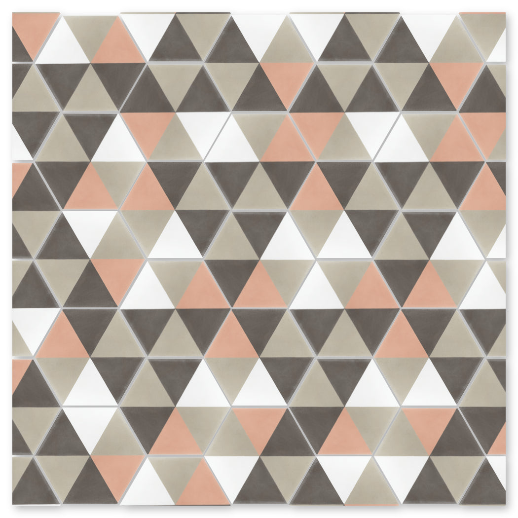 Hex Pie Neapolitan by New York Cement Tile features pink, beige, brown & white triangles in a tessellated geometric pattern.