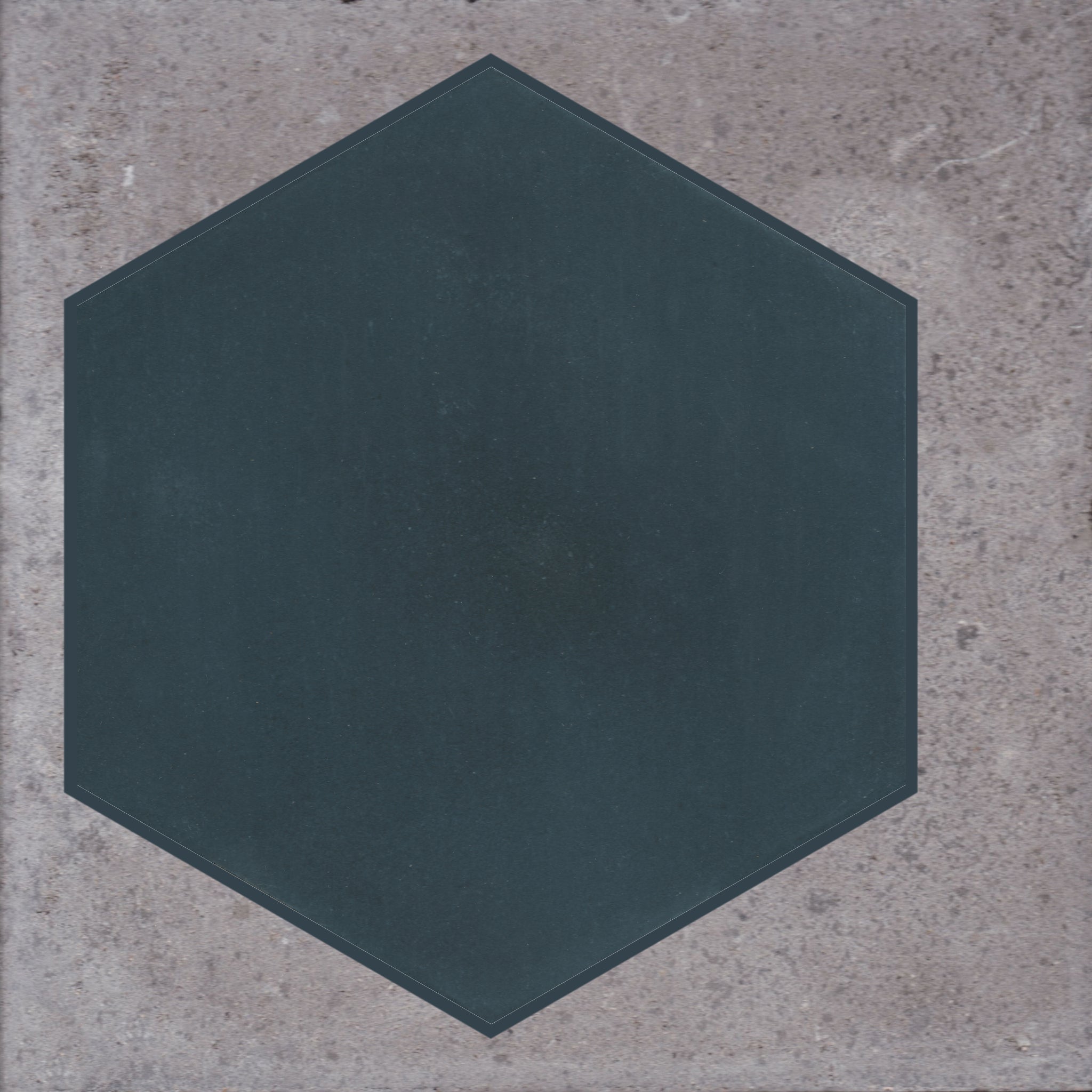A dark hexagon (NH23-4461, New York Cement Tile) centered on a textured, light gray stone background.