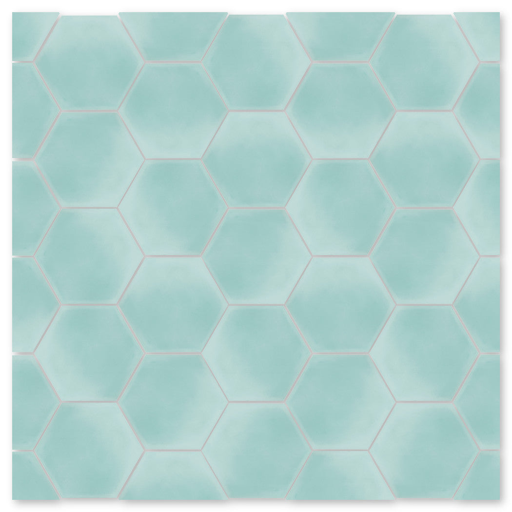 NH23-3309 sample by New York Cement Tile: hexagonal pale blue tiles in a honeycomb pattern with white grout lines.