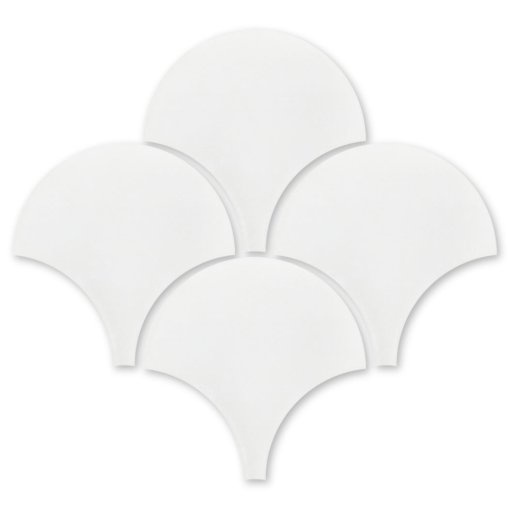 Five NF20-1100 tiles by New York Cement Tile overlap in a fan pattern on a plain white background.