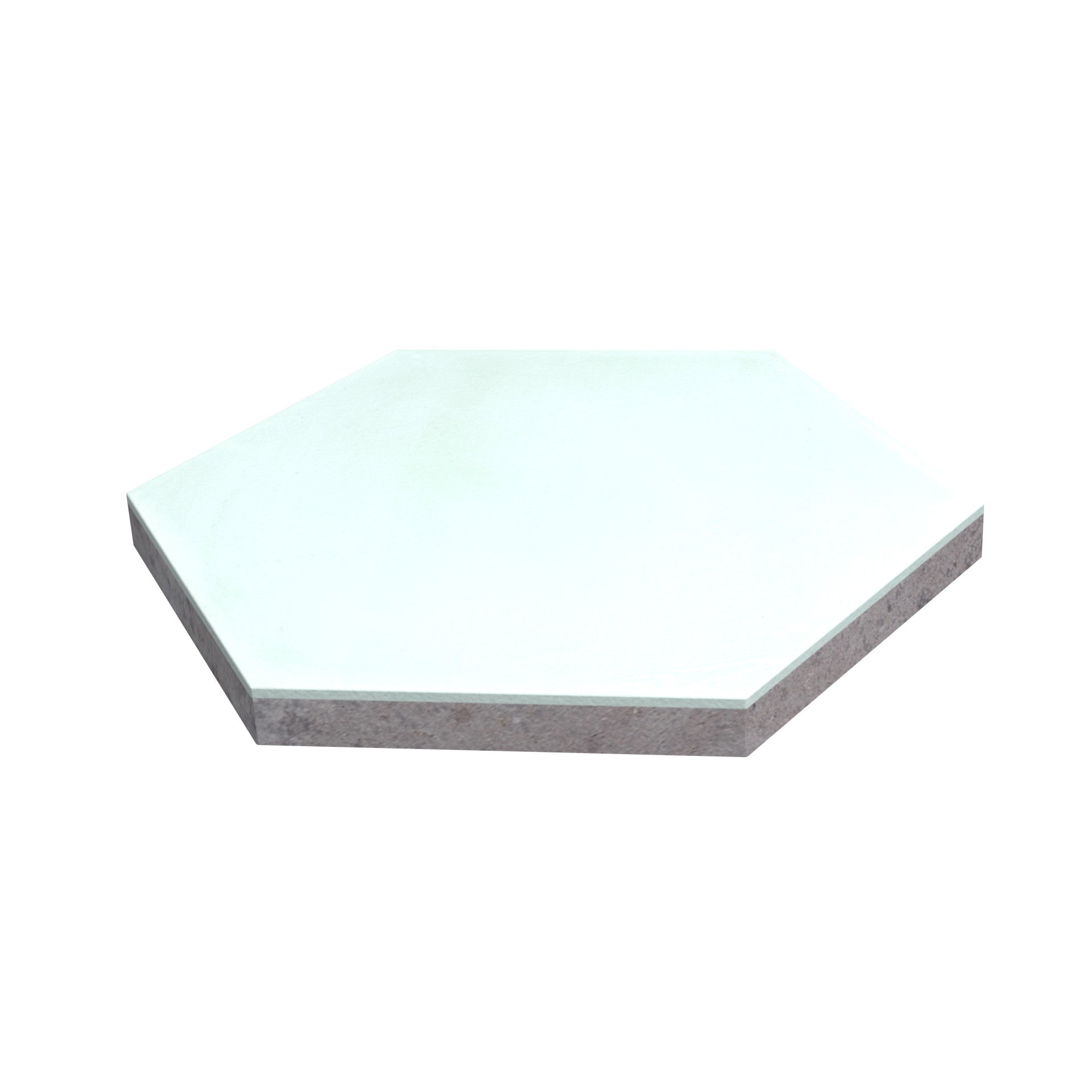 Solid Hex- Whisper by New York Cement Tile: hexagonal white slip-resistant tile with thick edge on white background.