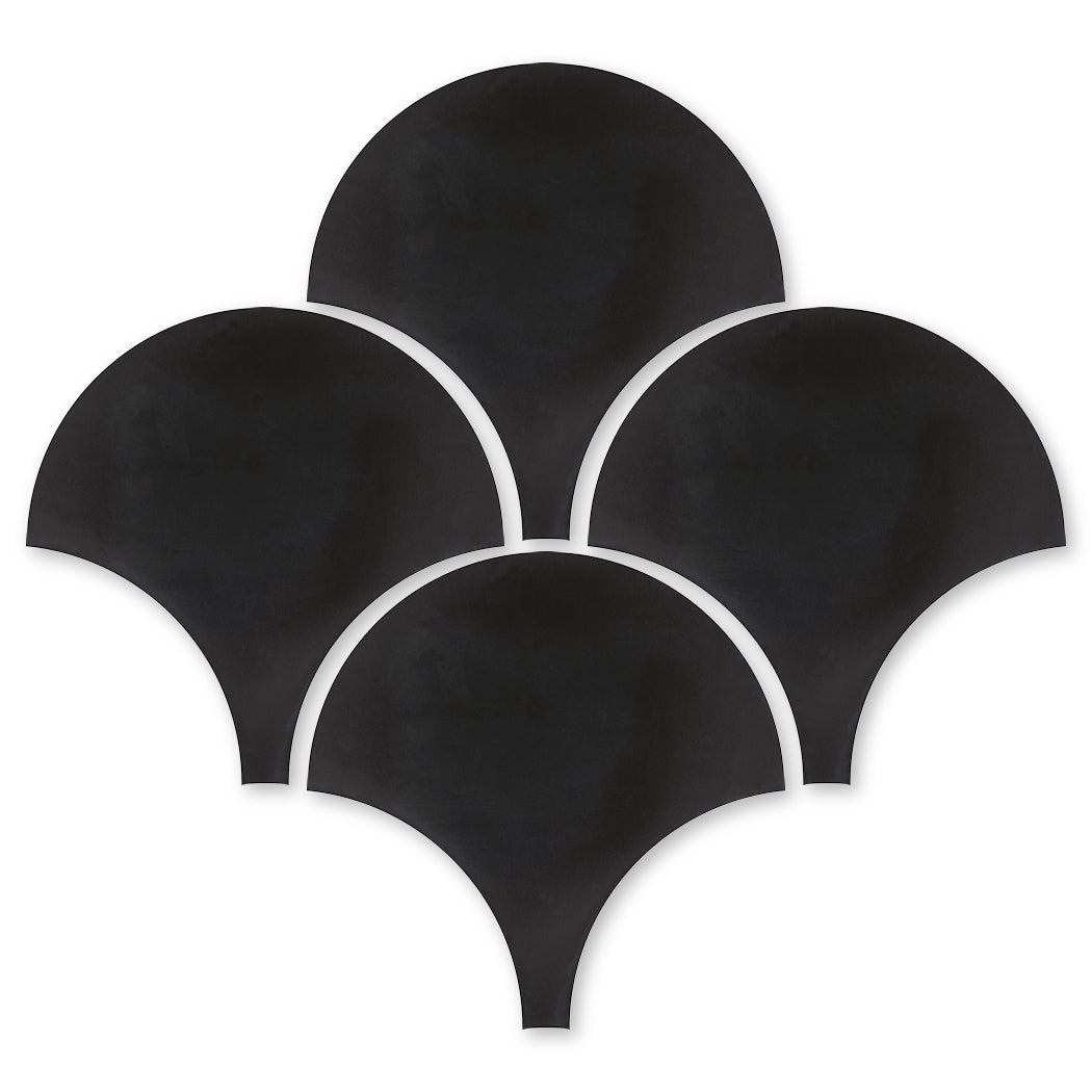 Five NF20-2200 Black Fishscale tiles by New York Cement Tile overlap symmetrically on a white background.