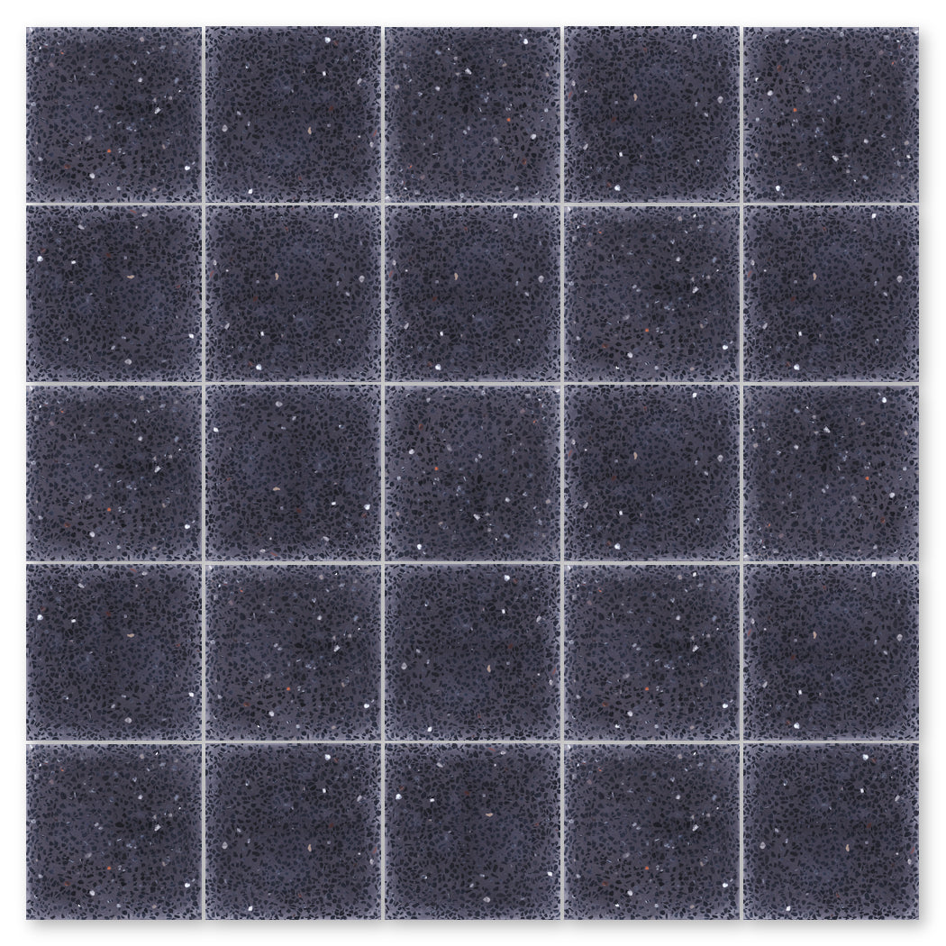 A 5x5 grid of dark gray Terrazzo 12X12 -NT30-Tribec tiles by New York Cement Tile, speckled marble mosaic.