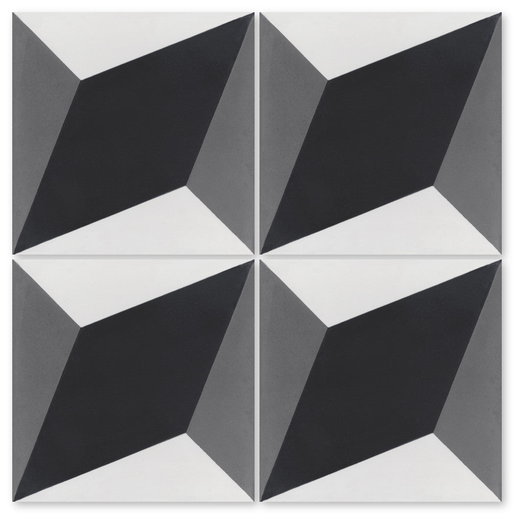 The N20-034 by New York Cement Tile features 4 handcrafted tiles with black, gray, and white 3D cube diamond patterns.
