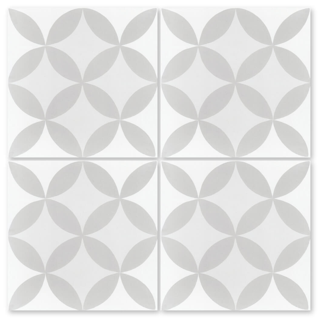 New York Cement Tile's N20-062 2245/6 Sample: four white cement tiles with durable build and gray overlapping petal pattern.
