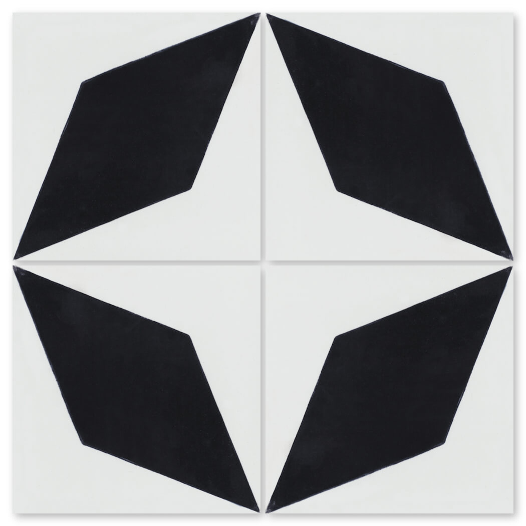 The N20-480 B&W by New York Cement Tile features four tiles with black diamonds—stylish and durable for any floor.