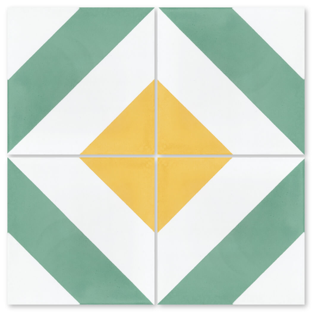 The N20-215 WG&Y by New York Cement Tile forms a yellow diamond with green stripes on a white background.