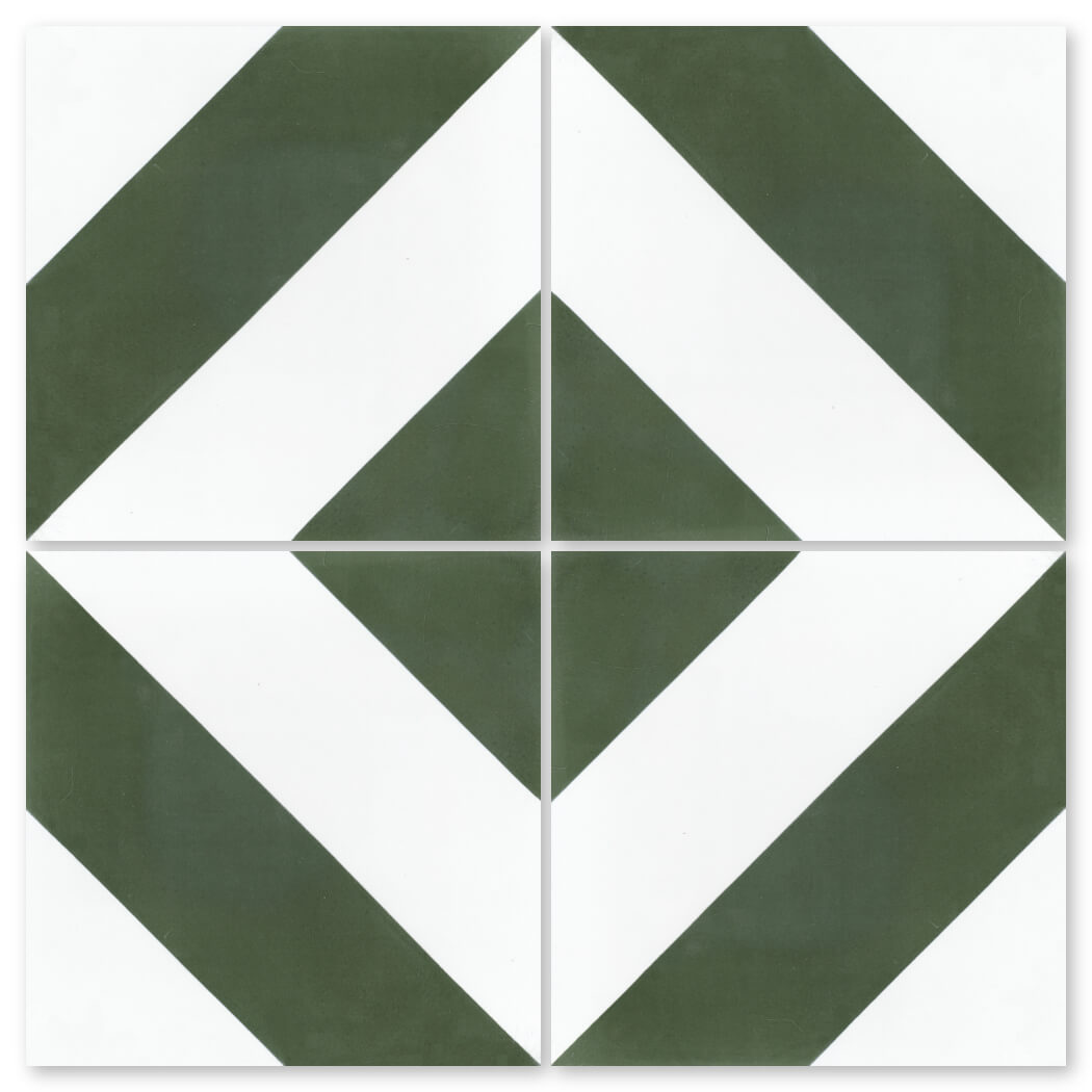 The N20-215 O&W by New York Cement Tile features four tiles with green stripes forming a diamond and intersecting lines.