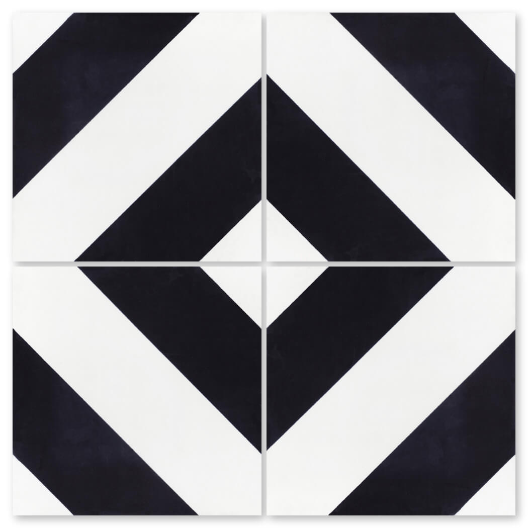 N20-232 B&W by New York Cement Tile: four handcrafted tiles with bold black and white diagonal diamond patterns.