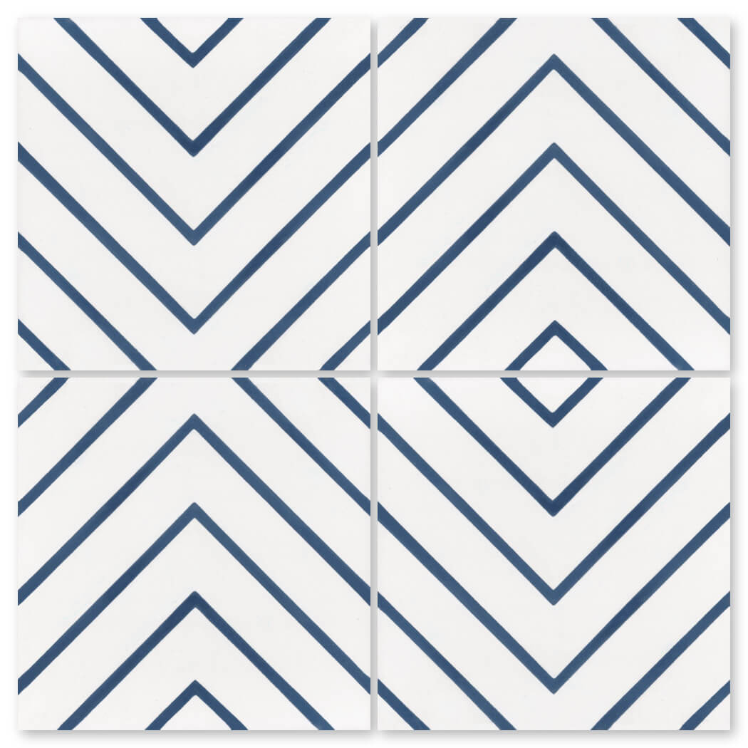 Four N20=437 B&W tiles by New York Cement Tile feature blue diagonal lines forming diamond shapes where they meet.