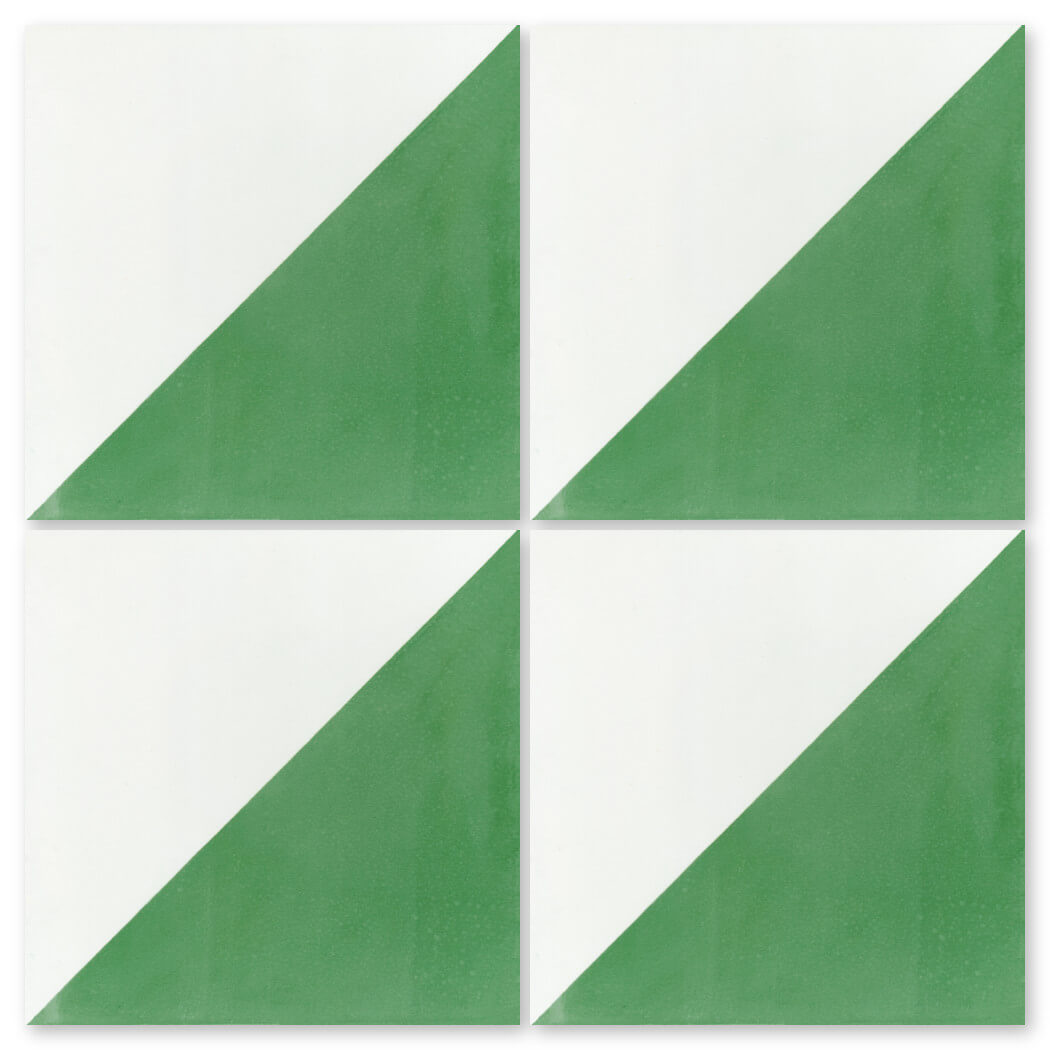 Four N20-139 Green & White tiles by New York Cement Tile form a 2x2 grid with bold, alternating diagonal patterns.