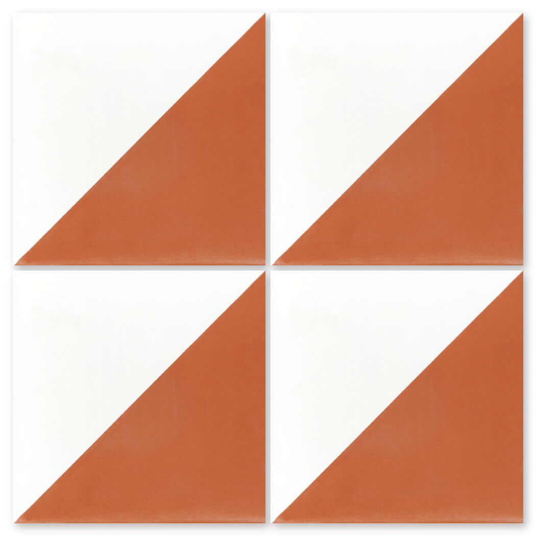 N20-139 Terracotta & White by New York Cement Tile: four handcrafted tiles in a bold geometric terracotta and white pattern.