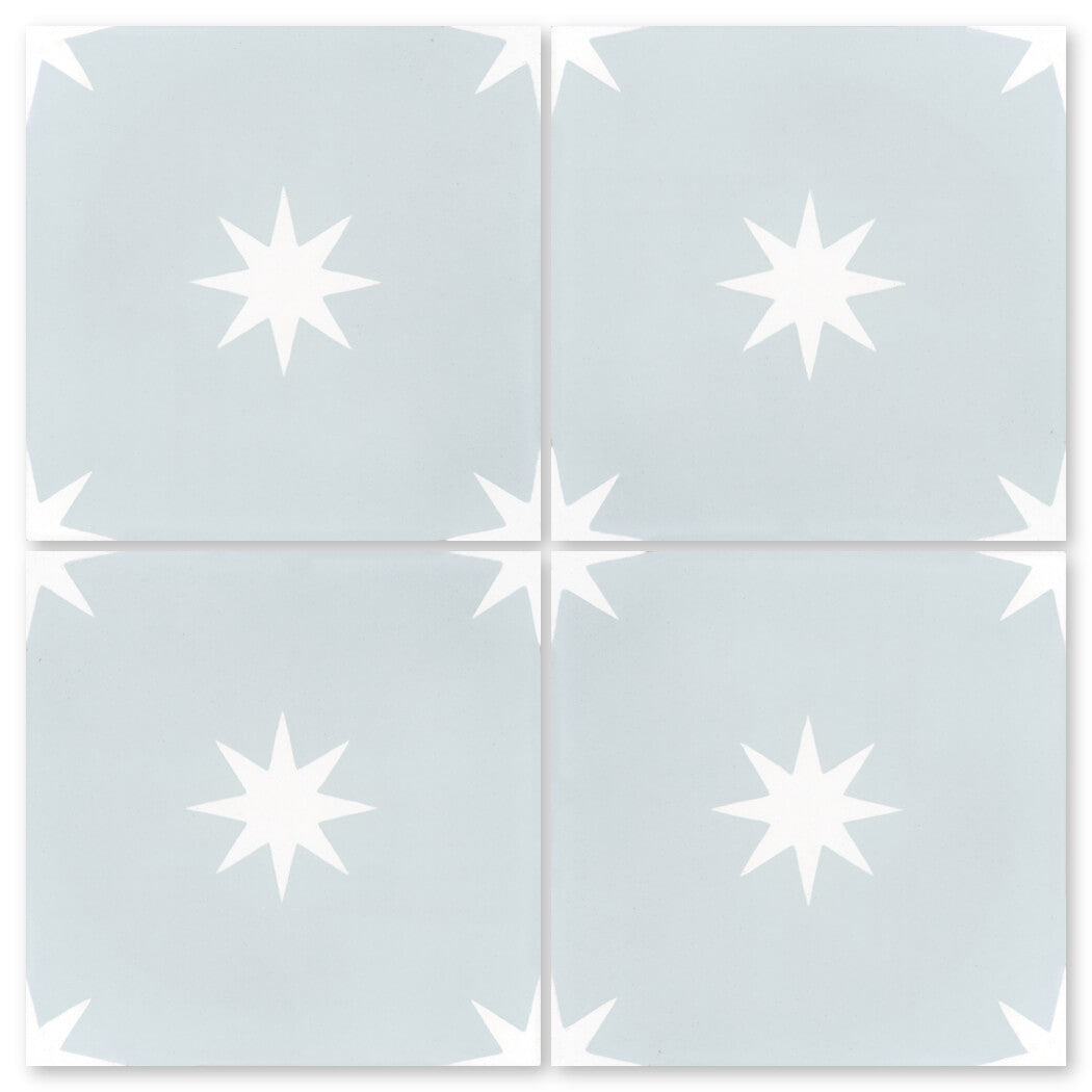 Four N20-572 Baby Blue tiles by New York Cement Tile, each with a white star, arranged in a blue square grid.