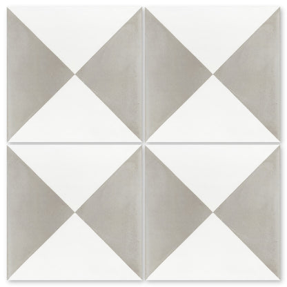 Sample of New York Cement Tile’s N20-032 Grey & White: geometric hourglass pattern in gray and white triangles.