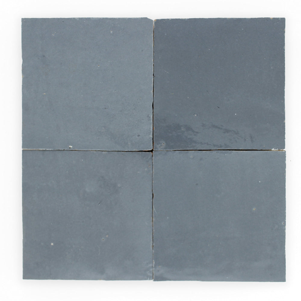 Four Ash Grey 2x2 Zellige tiles by New York Cement Tile in a grid on white, glossy finish, Extra Sample shown.