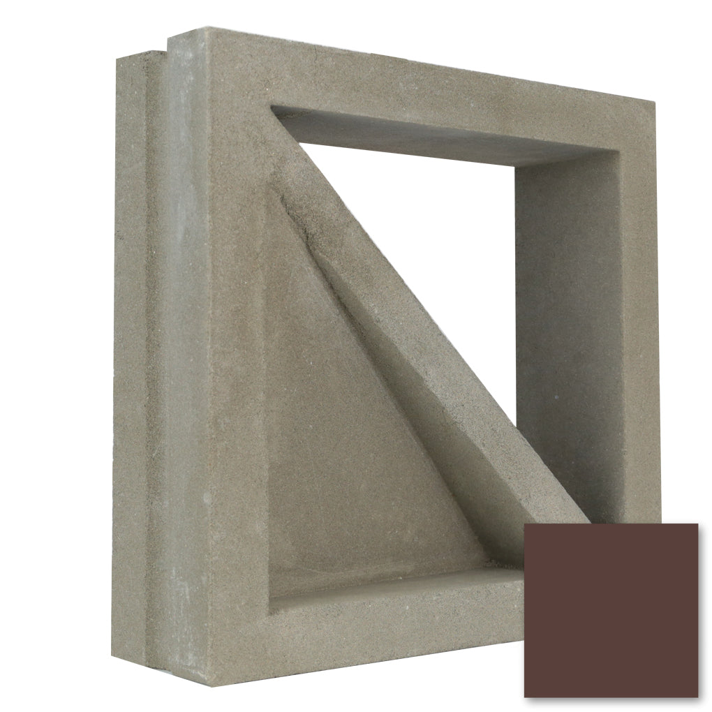 Large Bermy Sample by New York Cement Tile: square breeze block with a triangular design, small brown swatch in corner.