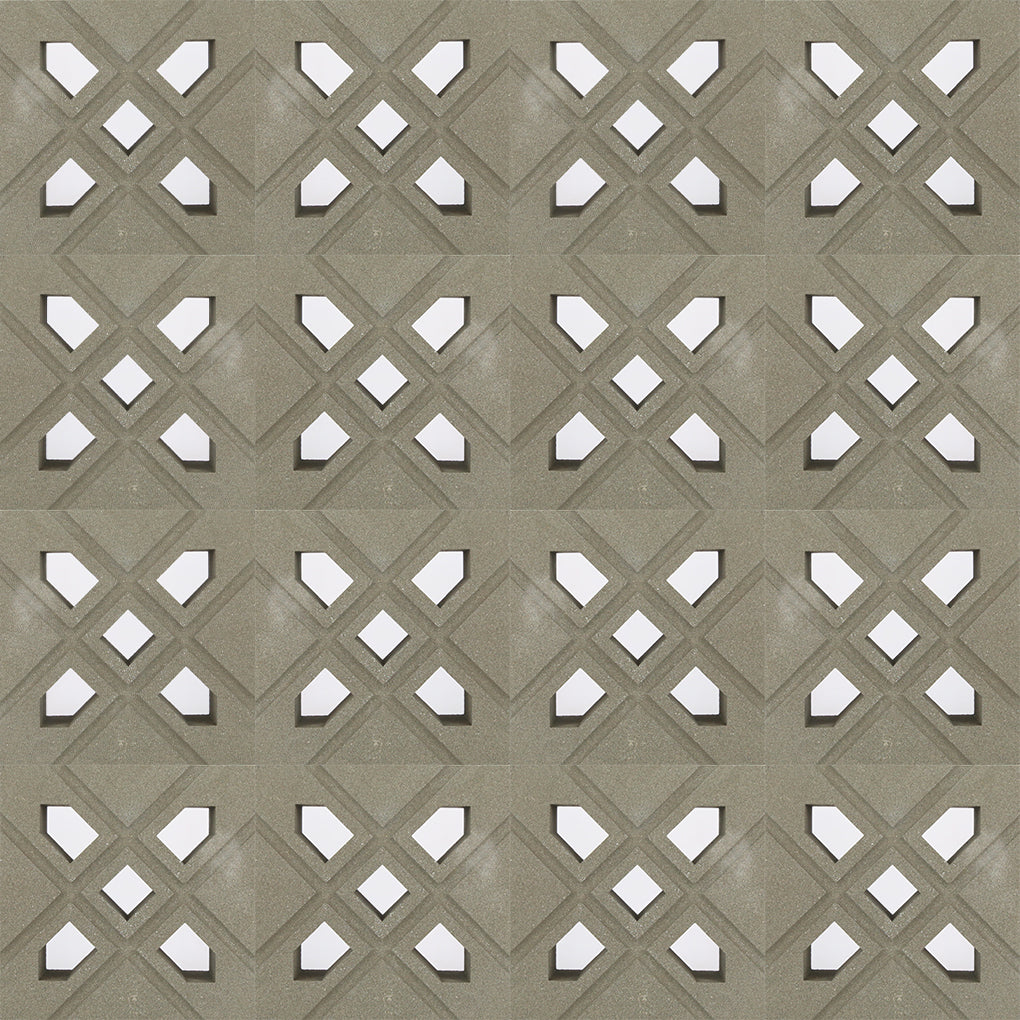 Lana by New York Cement Tile features tan diamonds with white Xs in a grid, inspired by mid-century breeze blocks.