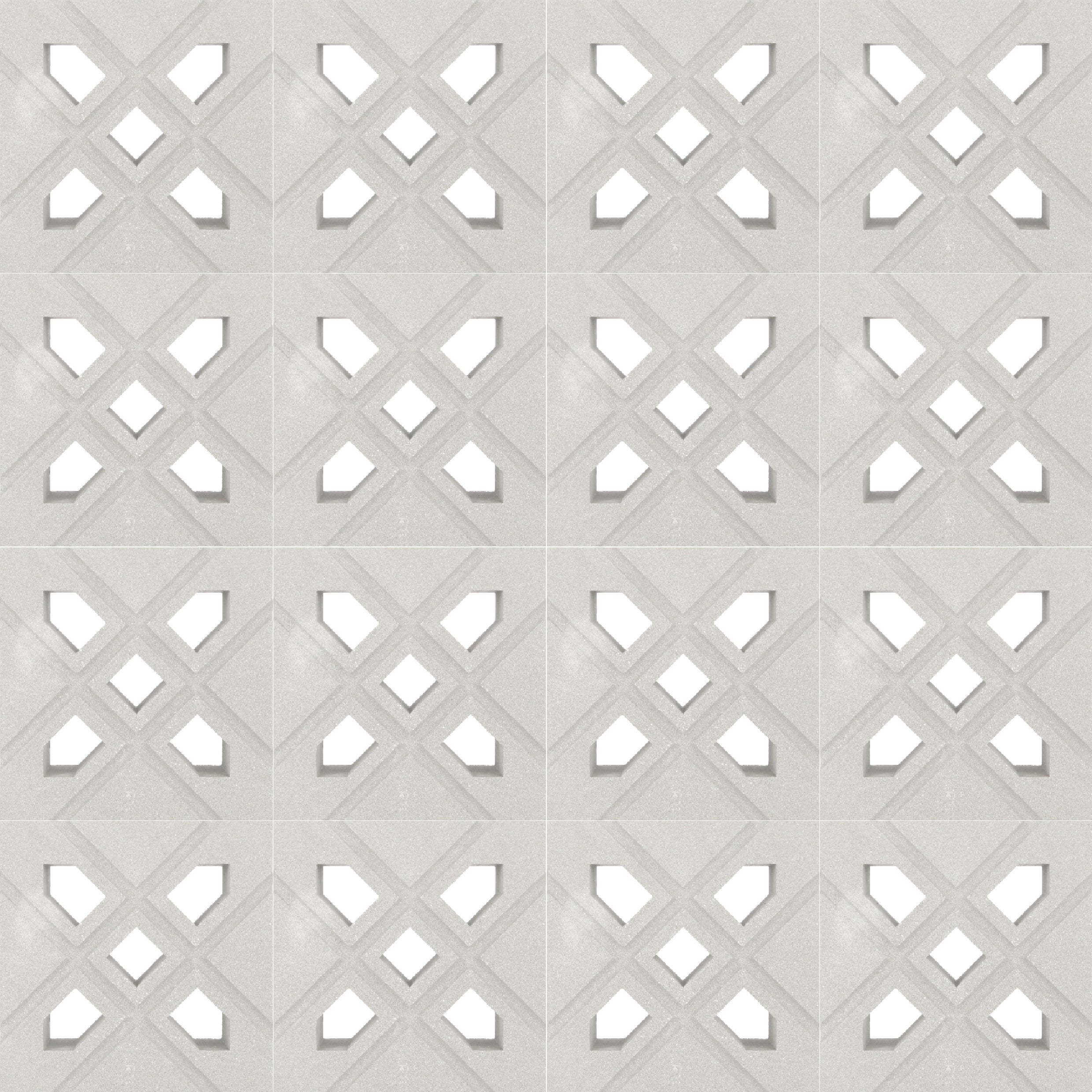 Lana by New York Cement Tile features light gray tiles with cut-out X shapes, inspired by mid-century breeze blocks.