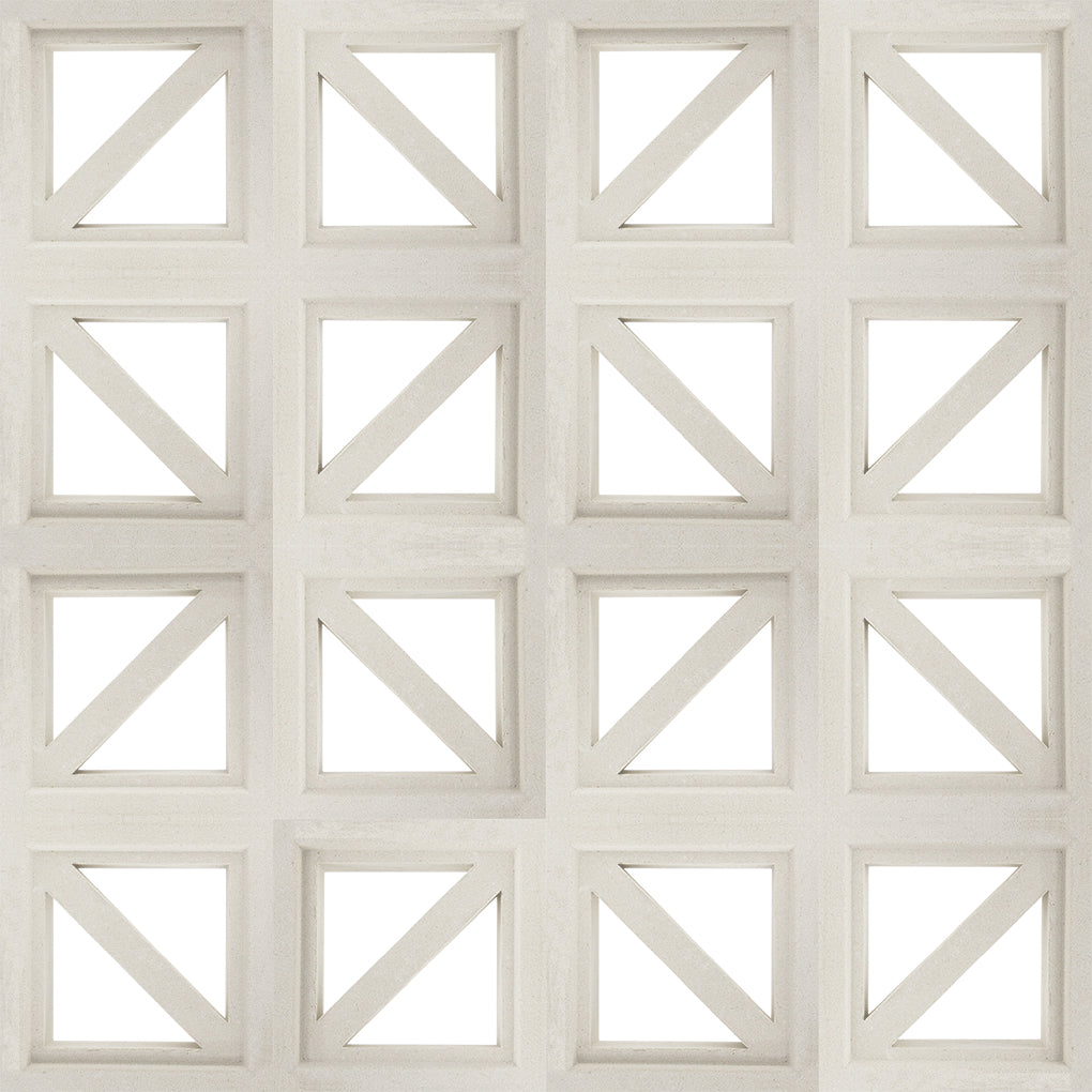 Kaui by New York Cement Tile: mid-century beige tiles with square frames and diagonal crosses, ideal as a decorative partition.