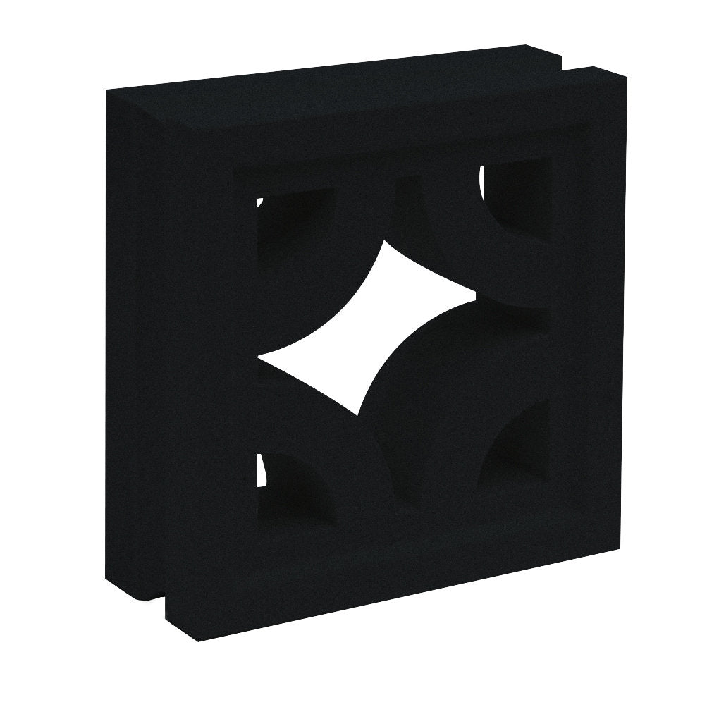 The Sam by New York Cement Tile is a black breeze block with geometric cut-outs, perfect for decorative partitions.