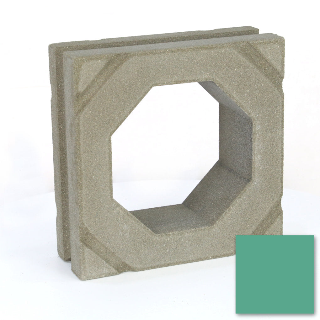 Sumar Sample by New York Cement Tile: square block with octagonal hole, ideal for partitions. Green swatch shown.