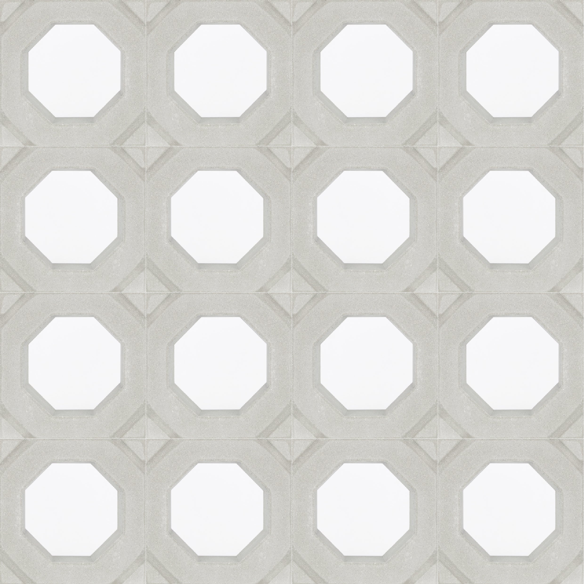 Sumar Sample by New York Cement Tile: seamless white octagons with light gray outlines, mid-century breeze block inspired.