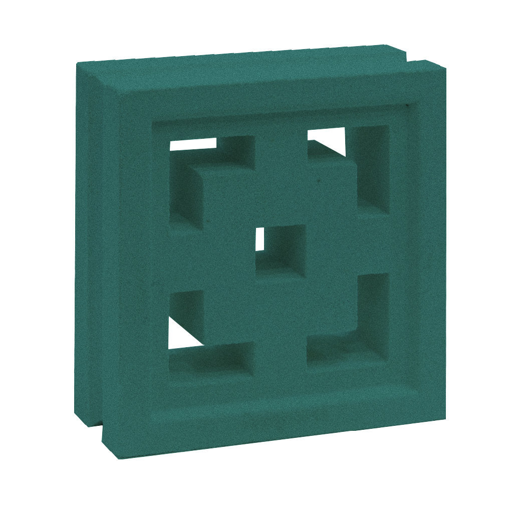 The Tong by New York Cement Tile is a teal square breeze block with geometric cut-outs, perfect for mid-century style partitions.